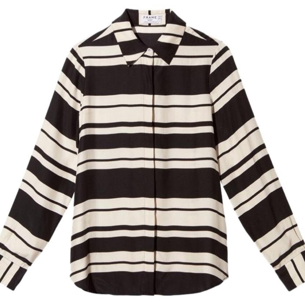 Black and white striped silk button up shirt, Med